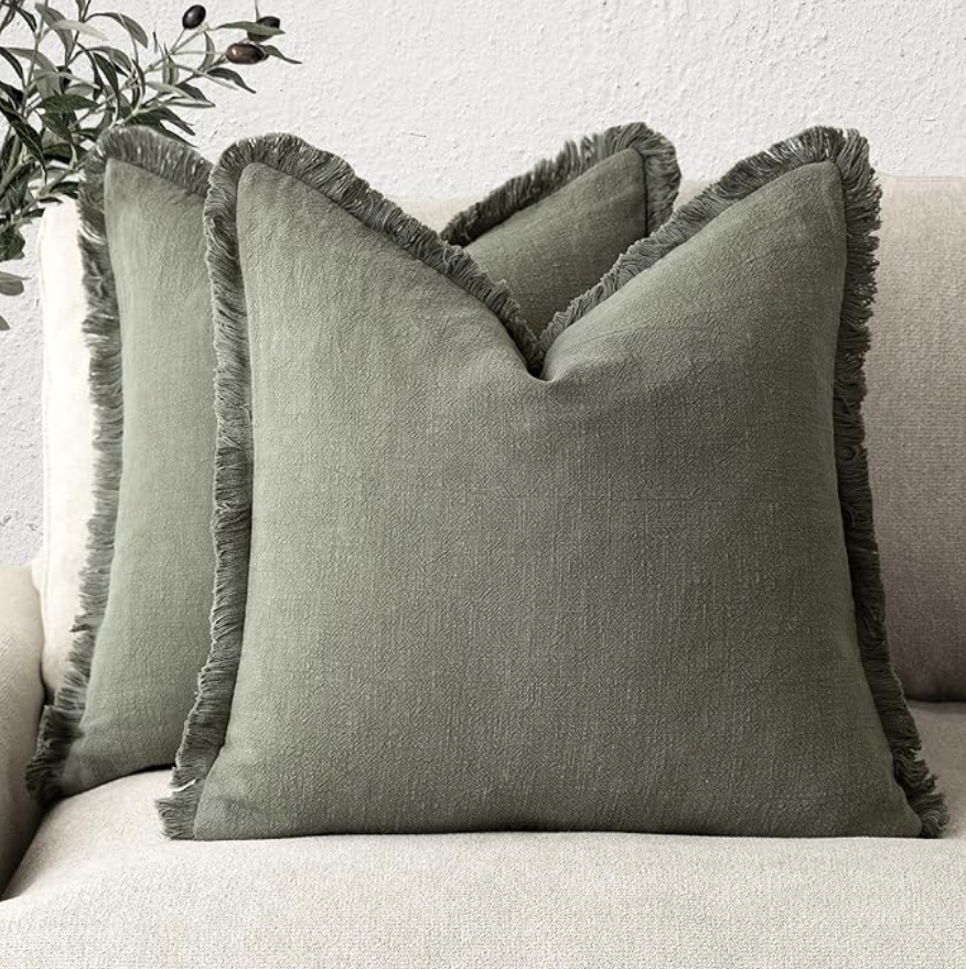 Linen Fringe Olive Green Pillow Covers
